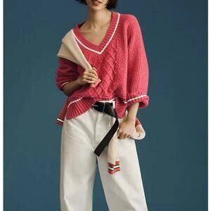 Maeve by Anthropologie Tilly V-Neck Pink Sweater Size Medium Preppy Academia 90s